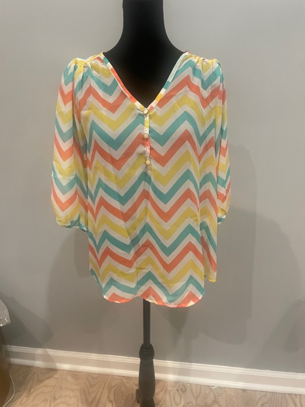 Chevron V-Neck Sheer Blouse in Coral, Aqua & Yellow
